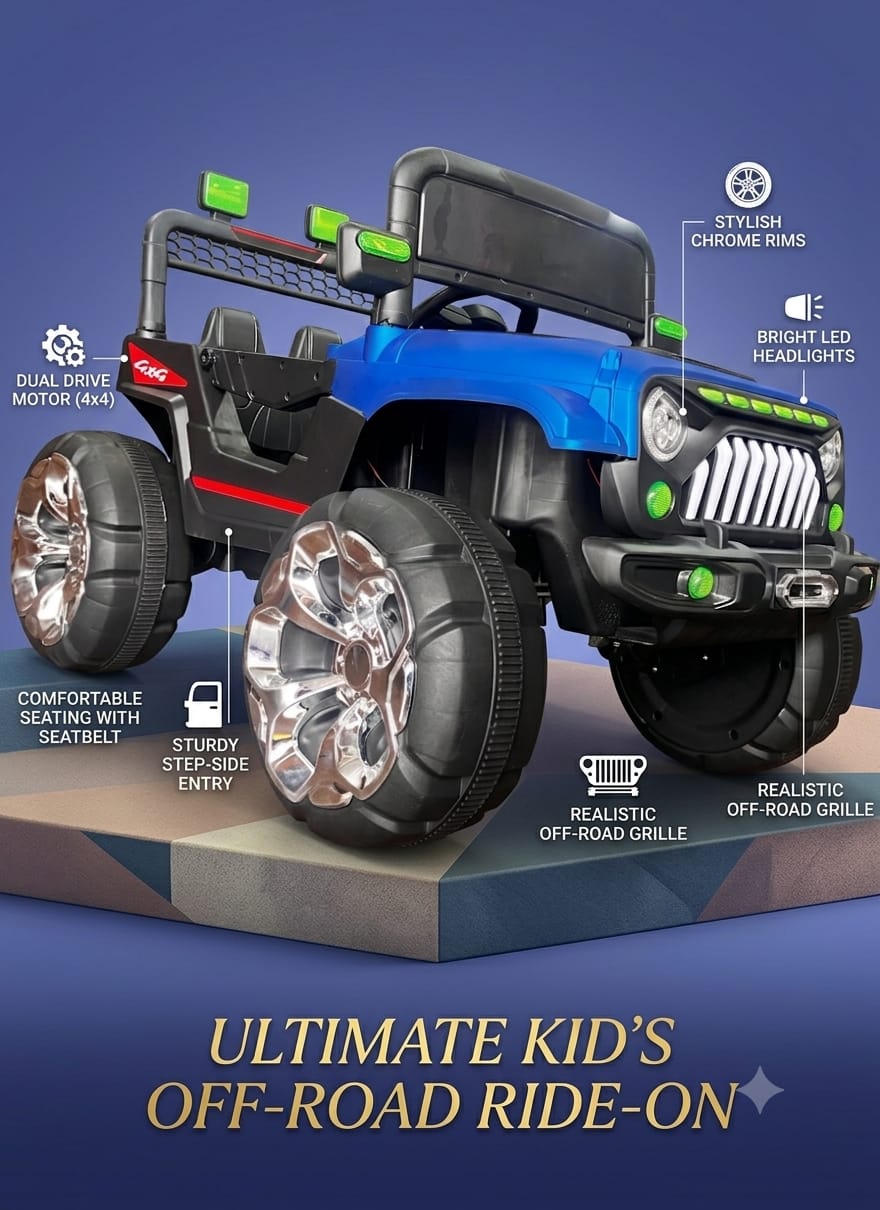 Ultimate Kids Off-Road Electric Ride-On Jeep (Dual Drive Motor, Chrome Rims, Bright LED Headlights)